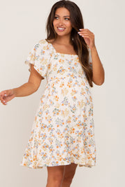 Cream Floral Gauze Square Neck Short Sleeve Maternity Dress