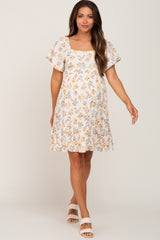 Cream Floral Gauze Square Neck Short Sleeve Maternity Dress