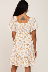 Cream Floral Gauze Square Neck Short Sleeve Dress