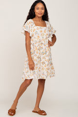 Cream Floral Gauze Square Neck Short Sleeve Dress