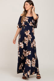 Navy Floral Flounce Off Shoulder Maternity Maxi Dress