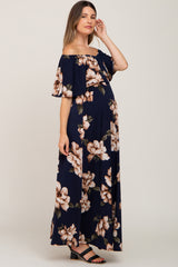 Navy Floral Flounce Off Shoulder Maternity Maxi Dress