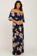 Navy Floral Flounce Off Shoulder Maternity Maxi Dress