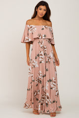 Mauve Floral Flounce Off Shoulder Maxi Dress