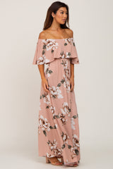 Mauve Floral Flounce Off Shoulder Maxi Dress