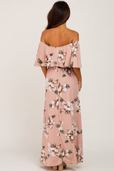 Mauve Floral Flounce Off Shoulder Maxi Dress