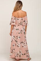 Mauve Floral Flounce Off Shoulder Maternity Maxi Dress