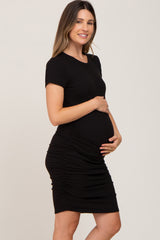 Black Ribbed Ruched Maternity Fitted Dress