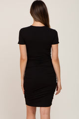 Black Ribbed Ruched Maternity Fitted Dress