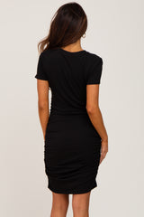 Black Ribbed Ruched Fitted Dress