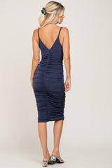 Navy Sleeveless Fitted Ruched Dress