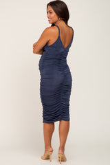 Navy Sleeveless Fitted Ruched Maternity Dress