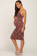 Burgundy Animal Print Deep V Ruched Maternity Dress