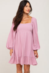 Mauve Square Neck Puff Long Sleeve Dress