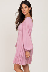 Mauve Square Neck Puff Long Sleeve Dress