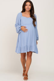 Light Blue Square Neck Puff Long Sleeve Maternity Dress