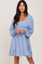 Light Blue Square Neck Puff Long Sleeve Dress