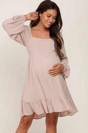 Taupe Square Neck Puff Long Sleeve Maternity Dress