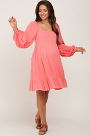 Coral Square Neck Puff Long Sleeve Maternity Dress