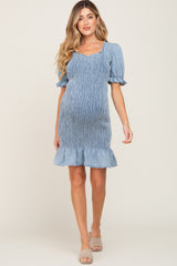 Light Blue Smocked Puff Sleeve Maternity Dress