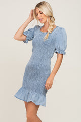 Light Blue Smocked Puff Sleeve Dress