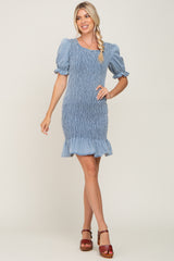 Light Blue Smocked Puff Sleeve Dress