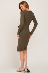 Olive Knit Button Accent Dress