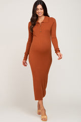 Rust Ribbed Knit Long Sleeve Collared Maternity Midi Dress