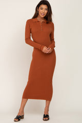 Rust Ribbed Knit Long Sleeve Collared Maternity Midi Dress