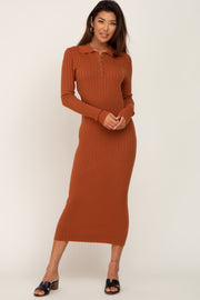 Rust Ribbed Knit Long Sleeve Collared Midi Dress