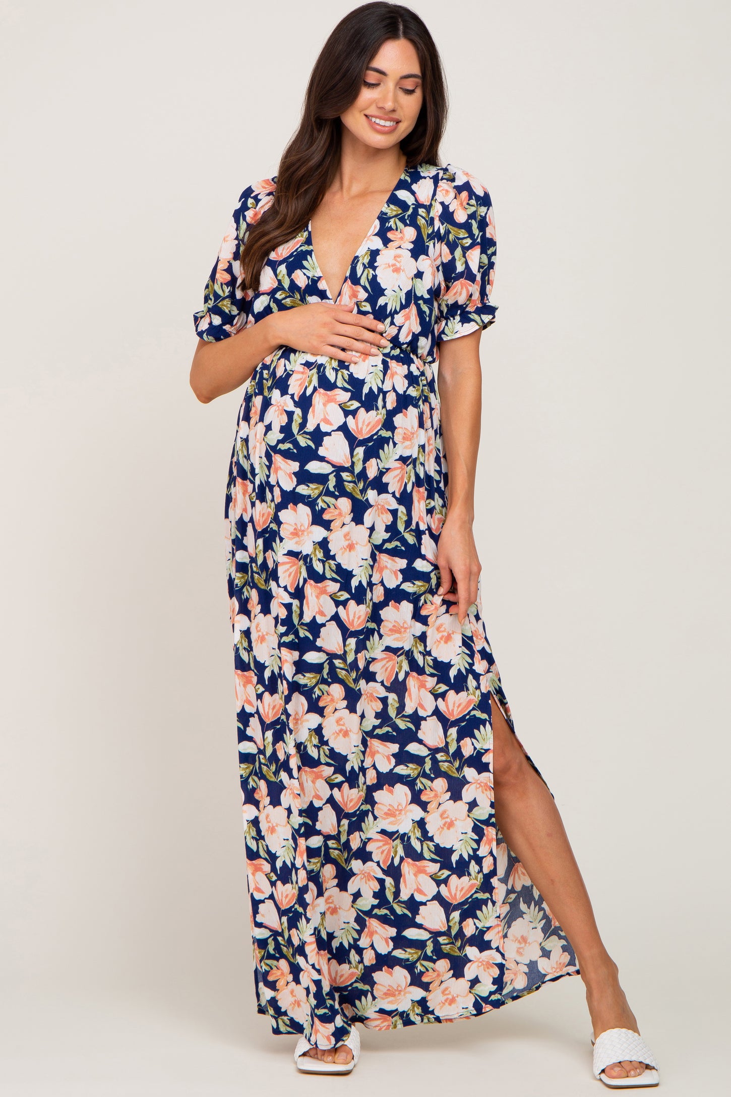 Blue Pink Floral Wrap Maternity Maxi Dress– PinkBlush