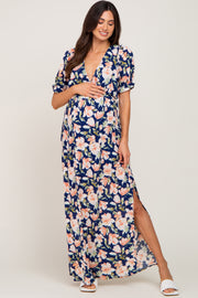 Navy Floral V-Neck Side Slit Maternity Maxi Dress