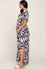 Navy Floral V-Neck Side Slit Maternity Maxi Dress