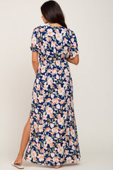 Navy Floral V-Neck Side Slit Maternity Maxi Dress