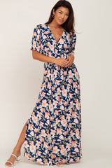 Navy Floral V-Neck Side Slit Maxi Dress