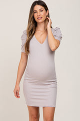 Light Taupe Ribbed Puff Sleeve Maternity Dress