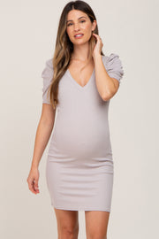 Light Taupe Ribbed Puff Sleeve Maternity Dress