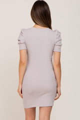 Light Taupe Ribbed Puff Sleeve Maternity Dress