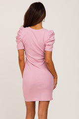 Pink Ribbed Puff Sleeve Dress