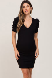 Black Ribbed Puff Sleeve Maternity Dress