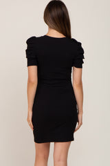 Black Ribbed Puff Sleeve Maternity Dress