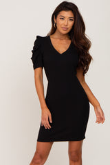 Black Ribbed Puff Sleeve Maternity Dress