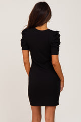 Black Ribbed Puff Sleeve Dress