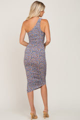 Violet Floral One Shoulder Fitted Ruched Dress