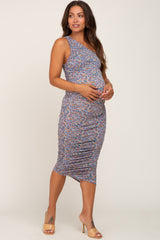 Violet Floral One Shoulder Fitted Ruched Maternity Dress