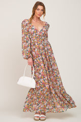 Multi-Color Floral Open Back Chiffon Maxi Dress