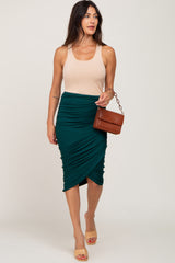 Forest Green Ruched Wrap Front Maternity Midi Skirt