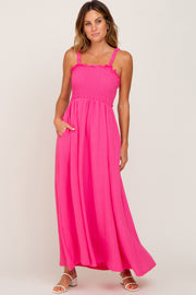 Fuchsia Smocked Cutout Midi Dress