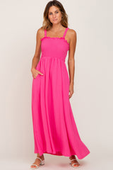 Fuchsia Smocked Cutout Maternity Midi Dress