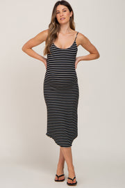 Black Sleeveless Ribbed Striped Maternity Midi Dress